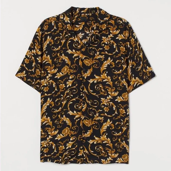 Shirts Iso Hm Mens Patterned Resort Shirt In Black And Gold